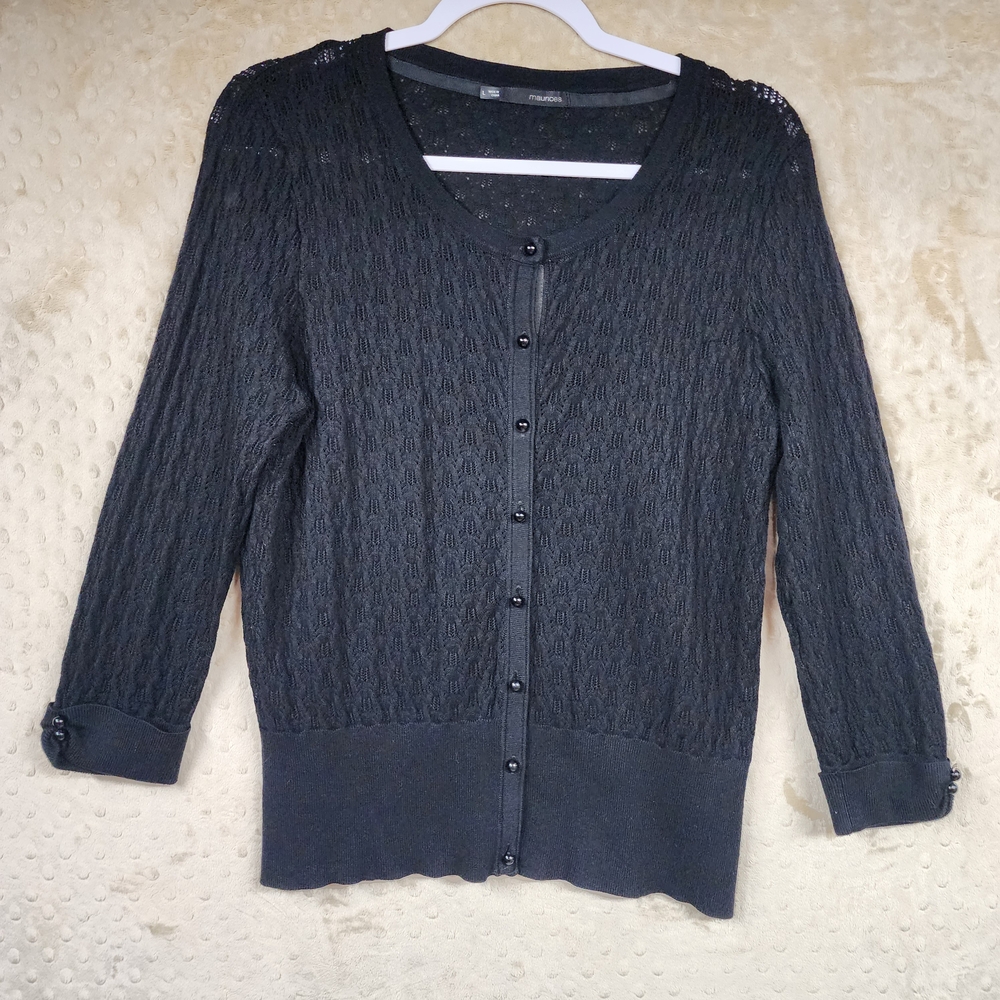 Maurices Black Textured Cardigan Round Buttons Gathered Sleeve Size L